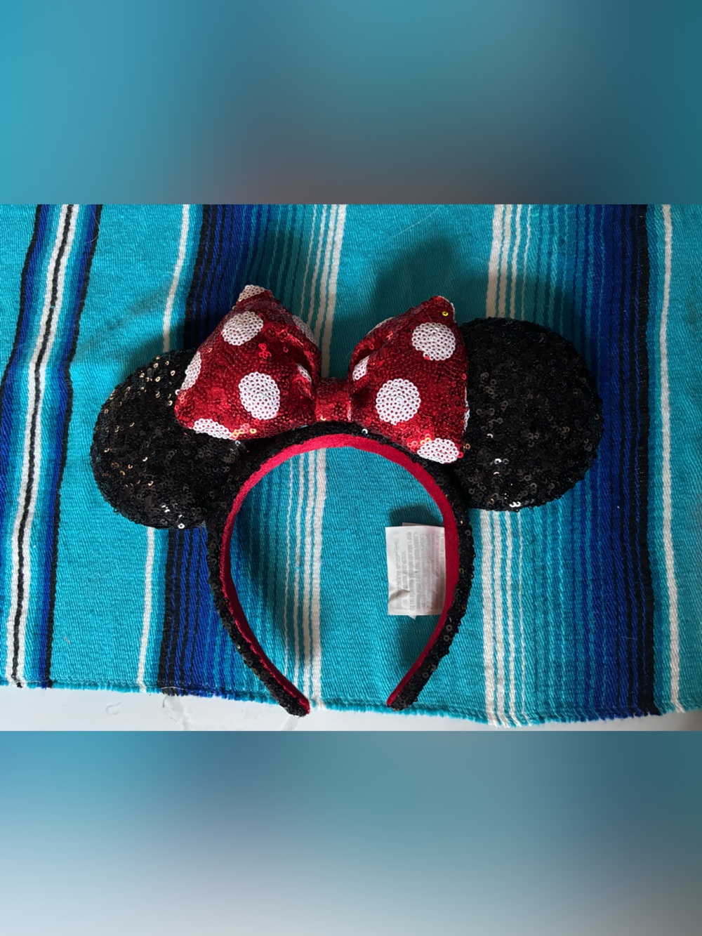 Disney Black Sequin Minnie Ear Headband with Red Polka Dot Bow